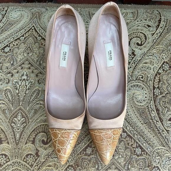 Prada Satin Blush Pink Snake Skin Toe Raso Heels Cocco Cammeo Cipria Size 7 COA - Picture 13 of 15